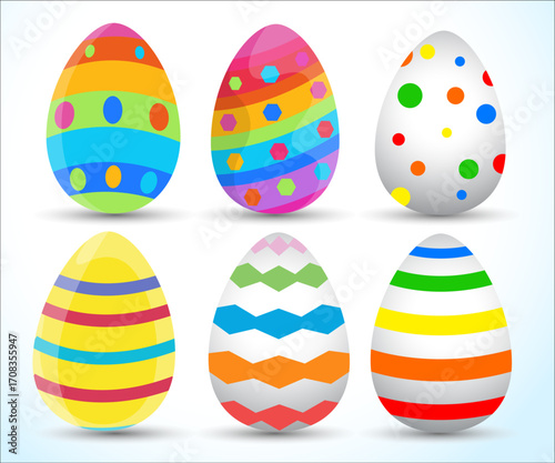 A collection of six brightly colored decorated Easter eggs.