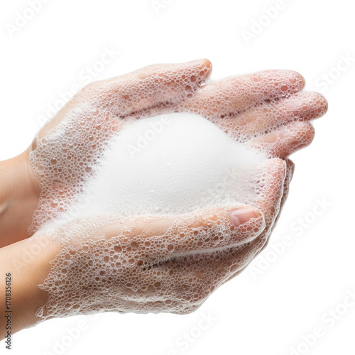 Hands with soap suds on a white background