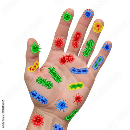 Human hand covered with colorful illustrated germs bacteria and viruses
