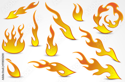 A vibrant collection of stylized fire and flame graphics.