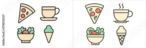 Food icons displaying pizza, ice cream, salad, and beverages on a simple background