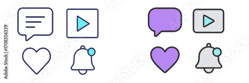 Collection of simple icons depicting messaging, notifications, and media controls designed with minimalistic style