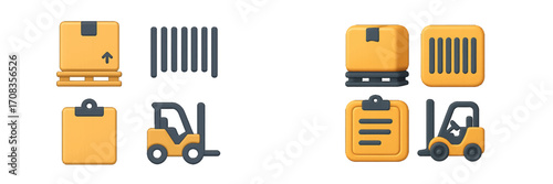 3D icons of warehouse equipment and storage materials arranged neatly for logistics and inventory management