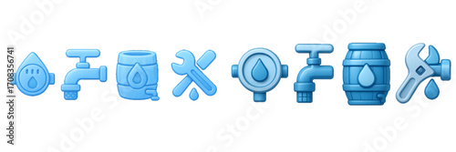 Various blue plumbing icons representing water supply and maintenance tools in a minimalist style