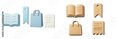 Collection of simple icons representing books, shopping bags, and bookmarks in various colors