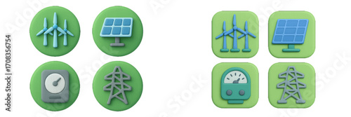 Green energy icons showcase wind and solar power technology for sustainable solutions
