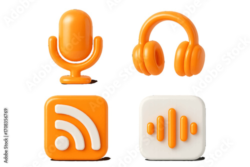Orange audio elements and symbols represent music and podcasting in modern design