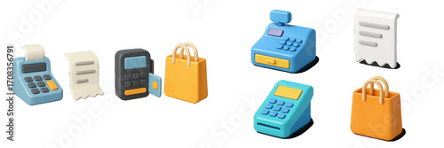 Colorful shopping and payment icons for modern retail design featuring bags, registers, and calculators