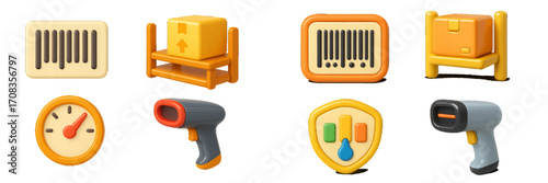 Various inventory management icons illustrate essential tools for tracking and organizing goods in a warehouse setting