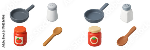 Miniature kitchen utensils and condiments arranged on a white background showcasing a playful cooking theme