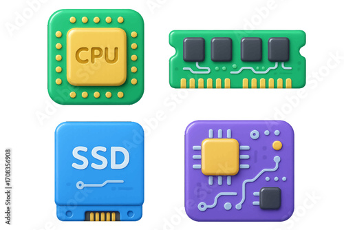 Colorful computer components representing CPU and SSD on a neutral background in a digital design setting