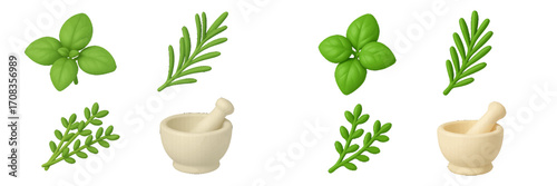 Fresh herbs and mortar and pestle used for grinding spices in kitchen preparation for cooking meals