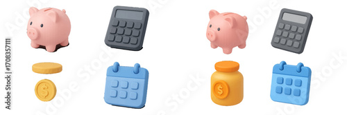 Colorful collection of piggy banks and calculators for budgeting and savings