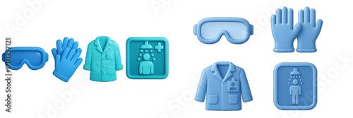 Medical equipment emojis for healthcare, featuring gloves, goggles, and lab coats in vibrant blue colors