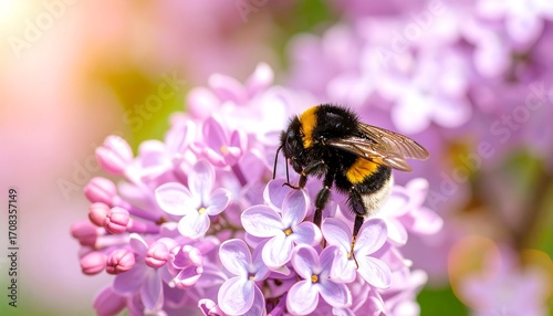 Bumblebee on Lilac Blossoms: Close-up of Pollination