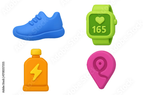 Colorful fitness icons representing health, exercise, and activity tracker features in a vibrant design