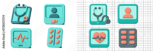 Health care icons showcasing stethoscope, medical symbols, and user profiles in vibrant colors for digital platforms