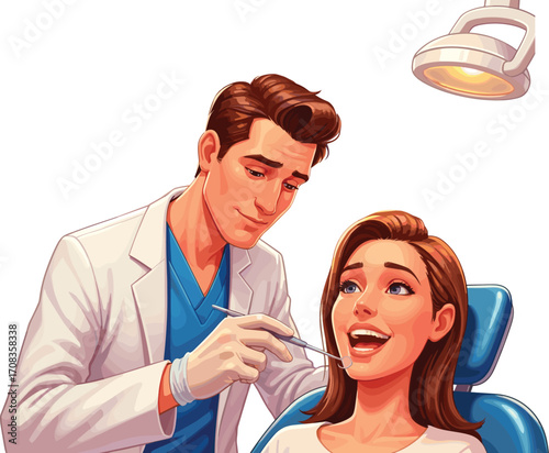 Young female patient receiving dental checkup from smiling male dentist, oral health care, dental clinic, professional dental examination.