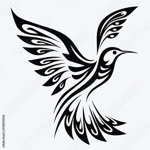 Ornately patterned monochrome bird with its wings spread beautifully in a stylish design shows its details