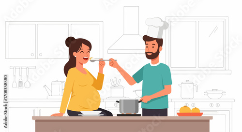 Pregnant woman tasting food prepared by her partner in kitchen, joyful moments. Pregnant woman enjoying food with loving husband, creating cherished memories in family life.