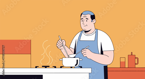 Man cooking at home with ladle in kitchen, preparing dinner. Man cooking using ladle, with steam rising from pot, shows his culinary skills with gas stove and tea set.