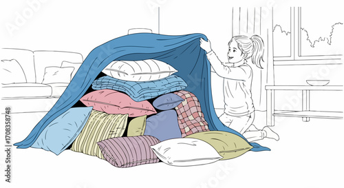 Blanket fort creation with pillows and sheet for kids entertainment. Building blanket fort with soft pillows and colorful sheets, little girl having fun in living room, construction time.