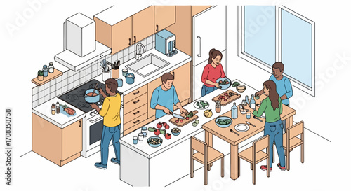 Family kitchen activity depicts family cooking together in bright indoor space. Family kitchen time shows relatives chopping and mixing ingredients near stove and kitchen island.