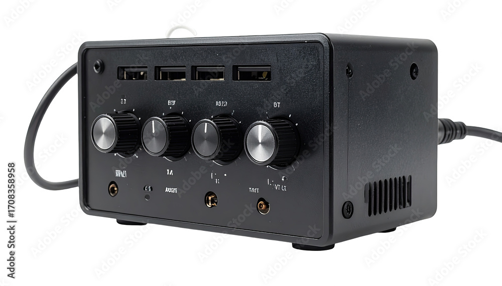 Fototapeta premium Small black audio amplifier with knobs