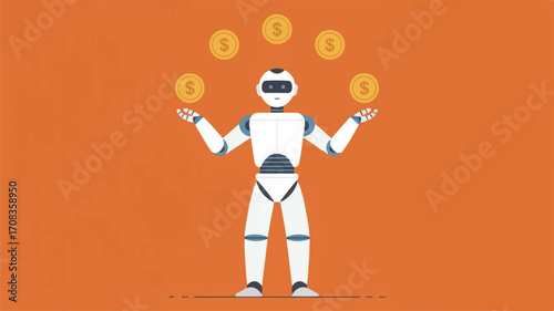 Vector art of robot juggling coins, symbolizing automation and financial technology solutions