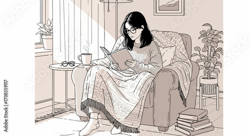 Reading at home shows girl comfortably reading at home in her armchair, wrapped in warm blanket, with book and hot drink. Cozy reading at home scene depicts peace and quiet, comfortable atmosphere.