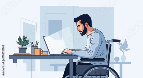 Young man in wheelchair using laptop working remotely from home. Remote work concept, he types on keyboard at desk, promoting inclusivity for people.