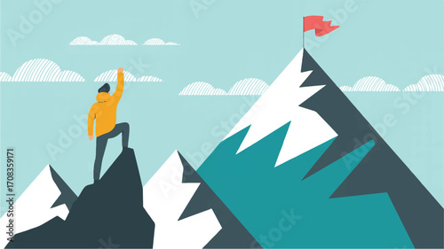 Vector art of man on top of mountain with flag, successful achievement concept