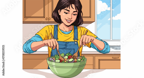 Cartoon woman preparing salad, mixing fresh ingredients in kitchen with sunlit window. Salad preparation with lettuce, tomatoes, cucumber, and chickpeas promotes wellness.