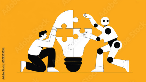 Vector art of human and robot assembling a light bulb puzzle on a yellow background