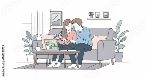 Young couple using laptop, looking at phone sitting on sofa at home. Couple are shopping online or watching videos together, both focused on screen. This couple using laptop represents cozy moments,