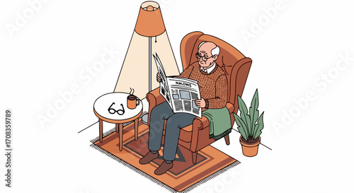 Relaxing at home with a newspaper, featuring an elderly man seated in comfortable armchair. Reading newspaper alongside houseplants and warm lamp provides relaxed atmosphere, encouraging easy reading.