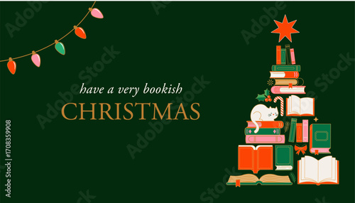 Christmas tree book fair poster and banner. Winter book sale vector illustration.
