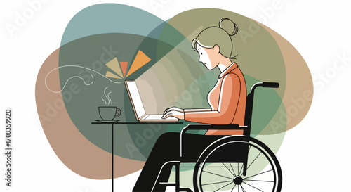 Isolated woman in wheelchair works from home, showing concept inclusivity. Woman in wheelchair is working on laptop, enjoying a cup of coffee at the table and a feeling of job inclusivity.