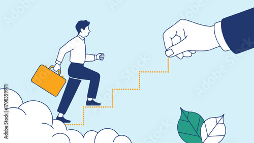 Vector art of man climbing steps to success with hand guiding him on a blue background