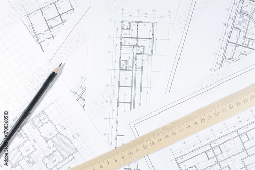 House construction. Architectural engineering design. Paper drawing.