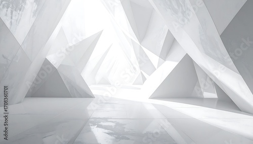 Abstract White Geometric Interior:  Modern Architectural Design with Triangular Walls and Bright Lighting
