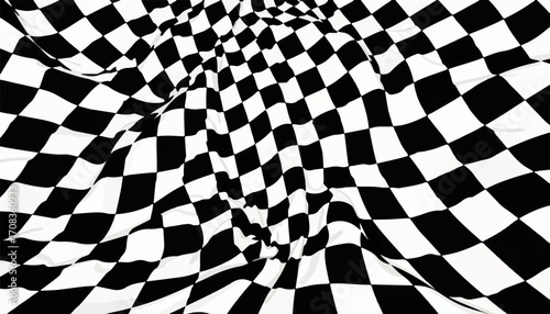 Abstract distorted checkerboard design creates optical illusion with monochrome squares, wavy shapes. Distorted checkerboard is a fascinating abstract pattern, perfect for graphic design projects,