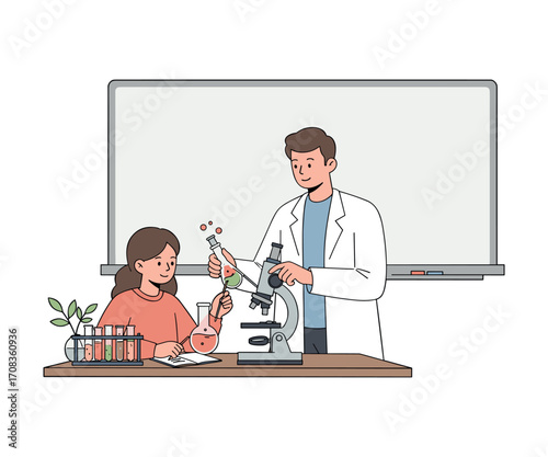 Science experiment in classroom setting engaging students with microscopes and test tubes educational environment interactive learning. Vector illustration