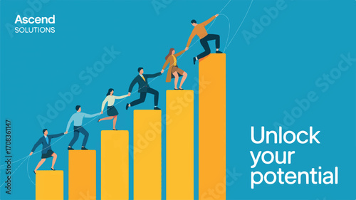 Vector art of people climbing bar graph, representing career growth and potential success