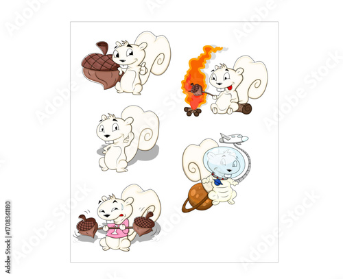 Adorable cartoon squirrels in various poses with acorns and fire.
