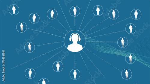 Vector art of customer service network connecting people with a central point of contact