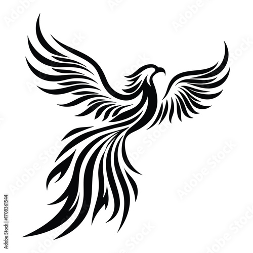 Stylized phoenix bird soars upwards with strong, intricate black lines and elegant feather details