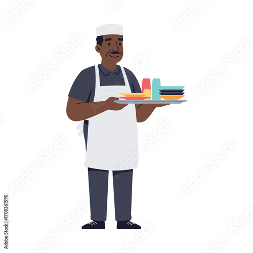 Restaurant server carrying dishes in a busy eatery illustration vibrant atmosphere dynamic perspective. Vector illustration