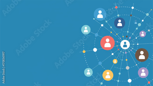 Vector art of network of connected people icons on blue background with copy space