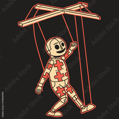 Creepy puppet with strings on a dark background for halloween design